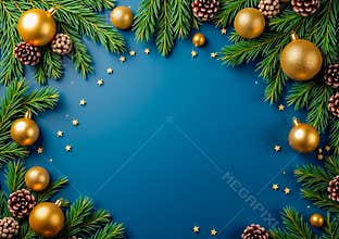 Elegant Christmas Background with Gold, Fir and Pine Cone Decor Frames - Empty Space for Text
