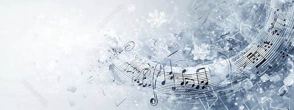 Hightech winter design with musical staff border on gray background