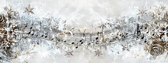 Hightech winter design with musical staff border on gray background