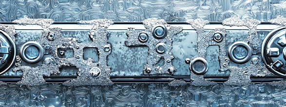 Hightech silver background with frostcovered pipes and digital shapes