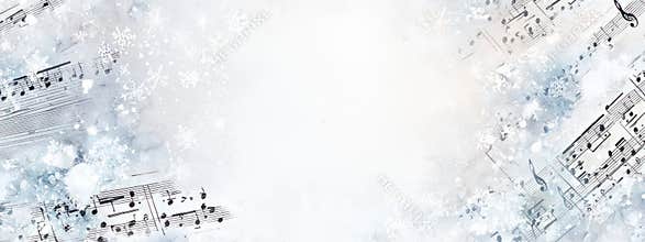 Snowdusted sheet music in watercolor style on white background