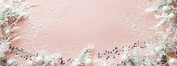 Vintage pink background with music staff border and snow garlands