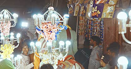 Agra, Uttar Pradesh, India. Indian Hindu Wedding Procession Of Baraat, With Bridegroom On Horse, Led By Brass Band