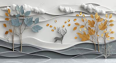 This is a 3D art wallpaper with blue, turquoise, and red leaves, deer, a golden tree, white clouds, and feathers on a