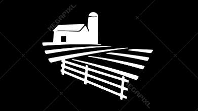 Field with barn and silo tower, graphic animation. Alpha channel. White