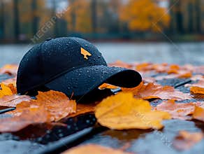 A black baseball cap sitting on top of a pile of leaves