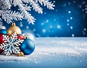Snow Ornaments and Fir Twigs on a Blue Background for Elegant Christmas Decorations