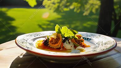 Gourmet Salad with Citrus and Herbs on a Sunny Outdoor Table. Concept of Fine Dining Fresh Cuisine Healthy Eating Nature