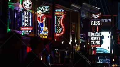 Neon Nightlife on Broadway Nashville Stationary Eye-Level Shot