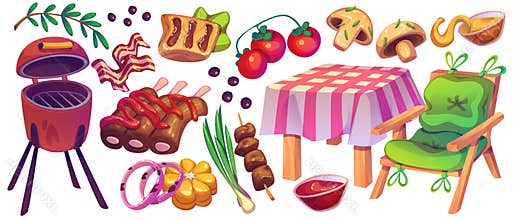 Cartoon BBQ scene with outdoor cooking elements