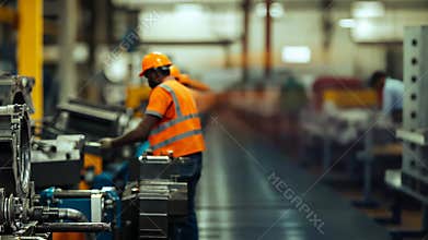 Workers in bright uniforms operate machinery and equipment in a bustling manufacturing plant, faster process