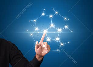 Business man pressing modern social network buttons on virtual screen