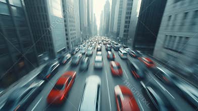 Rush hour in downtown chicago: cars speeding with motion blur, evoking urgency and dynamism