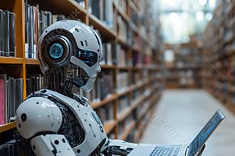 A humanoid robot engages with a laptop in a modern library filled with books and technology