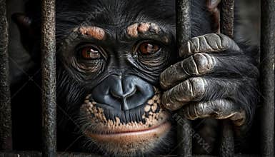 Sadness Emotion In Caged Monkey Animal Rescue Shelter Theme: A Picture Portrait Illustrating Cruelty Towards Wildlife