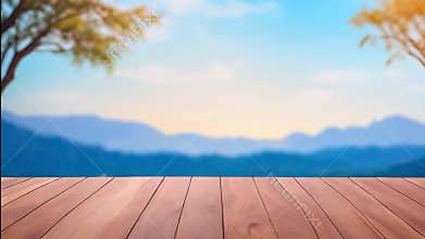 Empty wooden table revealing scenic mountain landscape