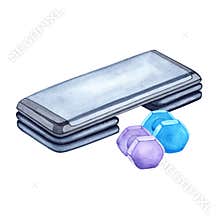 Watercolor illustration of aerobic step and dumbbells. The drawing is done by hand. Sports equipment on a transparent
