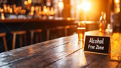 Alcohol free zone sign stands on a table with a glass, in a blurred bar interior at sunset