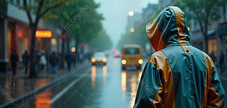 Person walks city street during heavy rain. Strong wind blows. Person wears waterproof jacket with hood. Rainy autumn day. People
