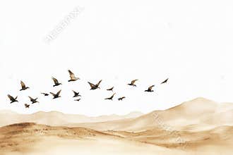 Watercolor birds flying over a serene desert landscape at sunrise