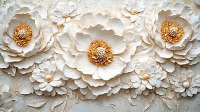 White floral bas-relief wall panel with three-dimensional flowers.