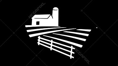 Field with tractor, barn and silo tower, graphic animation. Alpha channel. White