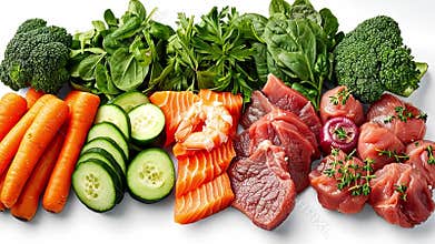Fresh vegetables and assorted meats arranged neatly on a white background for a healthy meal preparation