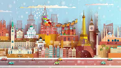 Travel landmarks europe with Santa claus and Reindeers.