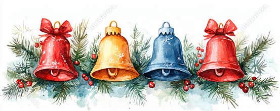 Colorful Christmas bells with bows, holly berries and pine branches in watercolor style for festive holiday decoration.