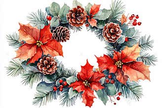 Festive watercolor wreath with poinsettia, pinecones, holly, and eucalyptus leaves.