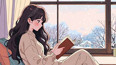 HD video loop of Anime girl reading a book at home in winter day, the snow falling outside. Lo-fi music background