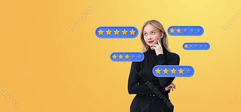 Woman thinking surrounded by floating star rating icons on yello