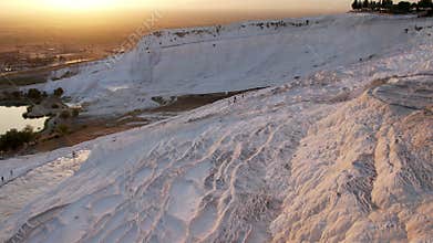 Aerial view of the travertines in Pamukkale, Turkey. White limestone mineral formations.
