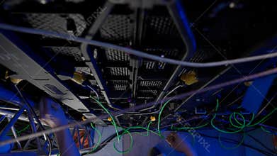 Top view worker checking big led screen panels wires. Technician service professional man fixing digital video screen