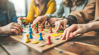 close-up of playing board game and having fun with friends and family in room indoors, board game concept, group of kids