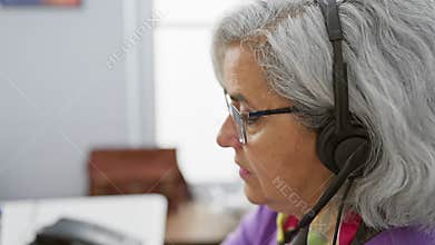 Mature woman with grey hair and headset smiling in an office setting, exuding a sense of professionalism and approachability