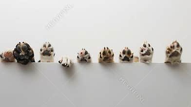 Generative AI Row of the tops of heads of cats and dogs with paws up, peeking over a blank white sign. Sized for w