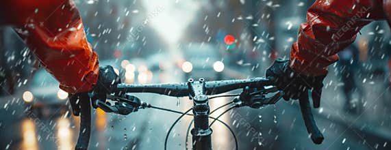 Cyclist Riding Bike in the Rain