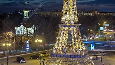 Paris Eiffel Tower view from above night timelapse.