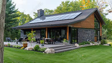 A modern residential house with a solar panel installed on the roof, harnessing sustainable energy from the sun to power