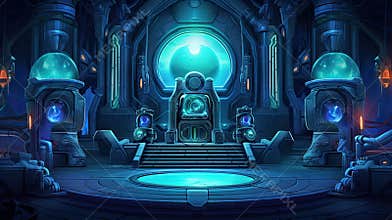 Witch or wizard alchemical laboratory with magic books and potions with mystic glow at night. Futuristic alchemy lab