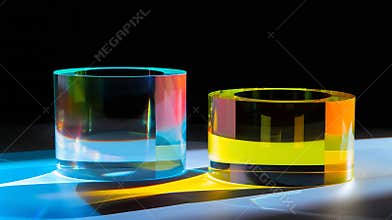 Generative AI ACRYLIC CYLINDERS SOLID TRANSPARENT BLOCKS SHOT with HARD LIGHT DEEP SHADOWS and BRIGHT LIGHT REFRAC