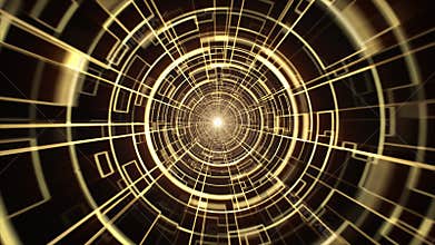 Abstract cyberspace tunnel made of glowing yellow digital elements