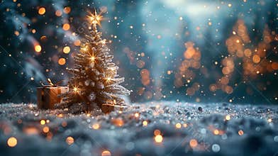 Snowy night with Christmas Tree and Gift Boxes on Snow with Shiny Star and Forest - Abstract Winter Landscape