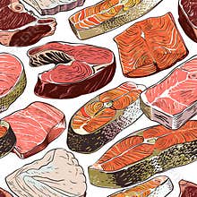 Assorted Fresh Meat and Fish Cuts Illustration