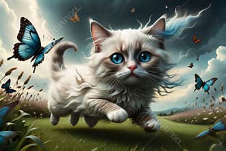 a small beautiful cartoon Ragdoll kitten runs across the lawn chasing a butterfly.