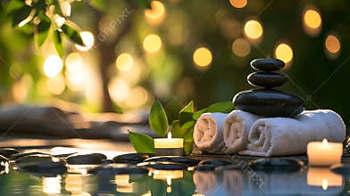 Generative AI Spa Concept - Massage Stones With Towels And Candles In Natural Background business concept.