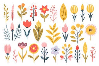 Cute set of abstract isolated fall flowers, cartoon children Scandinavian style, seamless pattern