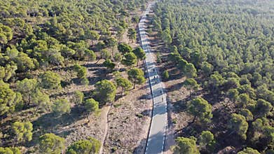 Aerial drone shot of group of road cyclists ride along a mountain serpentine in Europe.