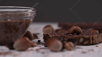 Various chocolate deserts on a table. Delicious food.